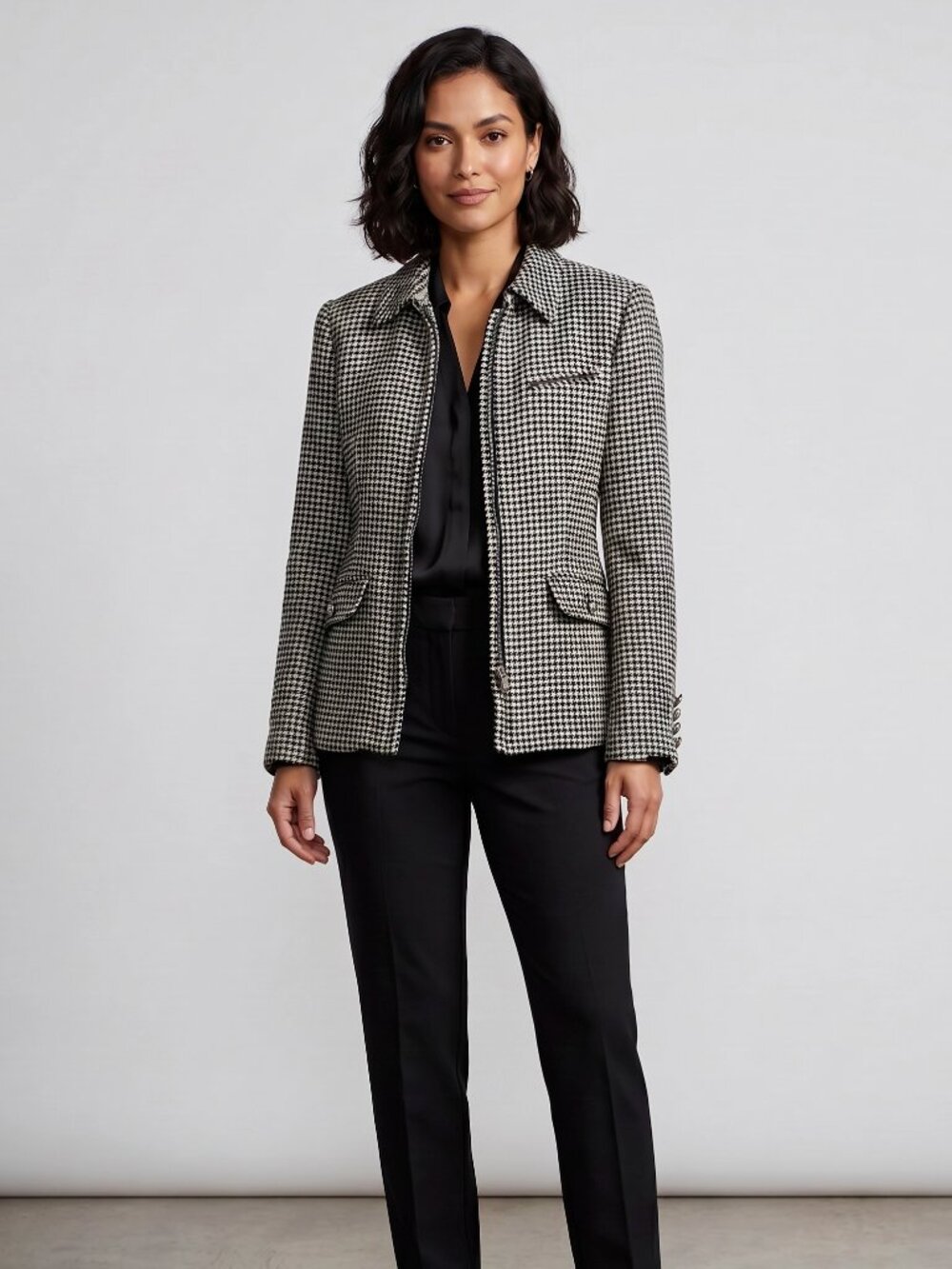 Lauren Ralph Lauren Petite Houndstooth Zip Blazer Jacket Size 8P Silk Wool Blend